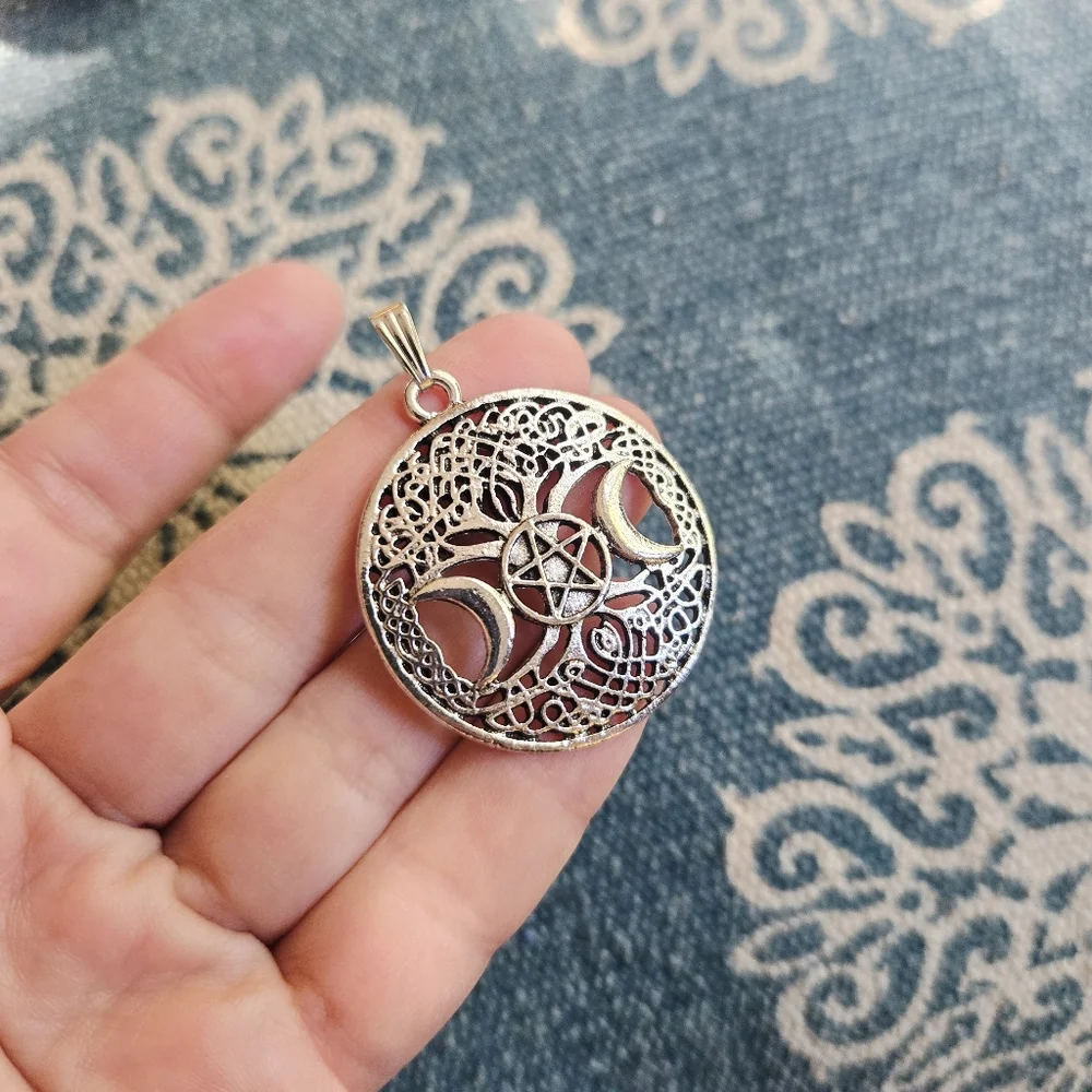 New Silver Tree of Life Pentagram Moon Pendant